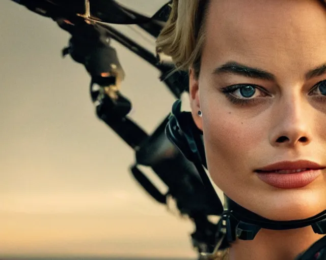 Image similar to a photo of margot robbie in the air jumping from a helicopter, hyper realistic faces, beautiful eyes, cinematic, long shot, hyper detailed, 8 5 mm photograph, 8 k resolution, film still, sharp lens, wide lens