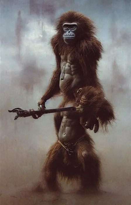 Prompt: tribal ape warrior, beksinski, ruan jia,