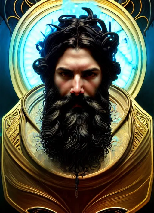 Prompt: furious god zeus, wavy black hair, bushy beard, glowing eyes, volumetric lights, cyan and gold scheme, art nouveau botanicals, gothic, intricate, highly detailed, digital painting, artstation, concept art, smooth, sharp focus, symmetric face, illustration, steampunk, art by artgerm and greg rutkowski and alphonse mucha