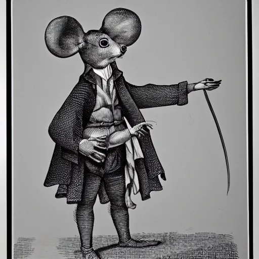 Prompt: old photoraph of a mouse dressed as a man, highly intricate, highly detailed, black and white