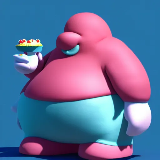 Image similar to a 3 d render of a morbidly obese kirby eating cake