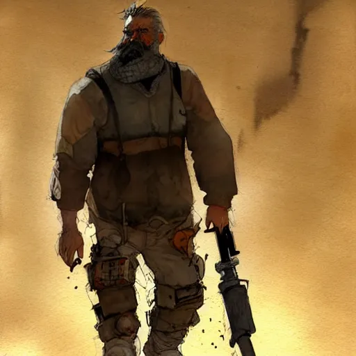 Image similar to post apocalyptic wasteland explorer, dark science fiction, bulky dude, male, old man, tan skin, huge beard, style craig mullins, watercolor