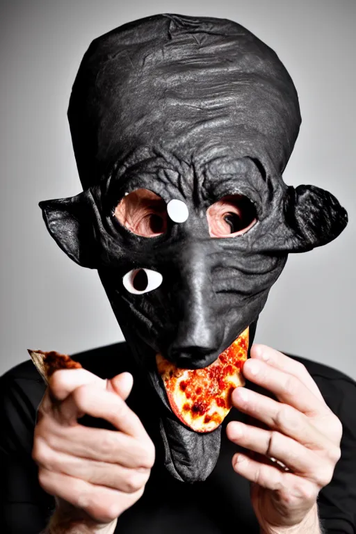 Prompt: portrait photo of an old wrinkled man, skinny face, bony face, long crooked nose, large gaping mouth, black pulcinella mask, masquerade mask, pointy conical hat, white wrinkled shirt, holding up a pizza, presenting a large pizza, close - up, skin blemishes, menacing, intimidating, masterpiece by paola agosti