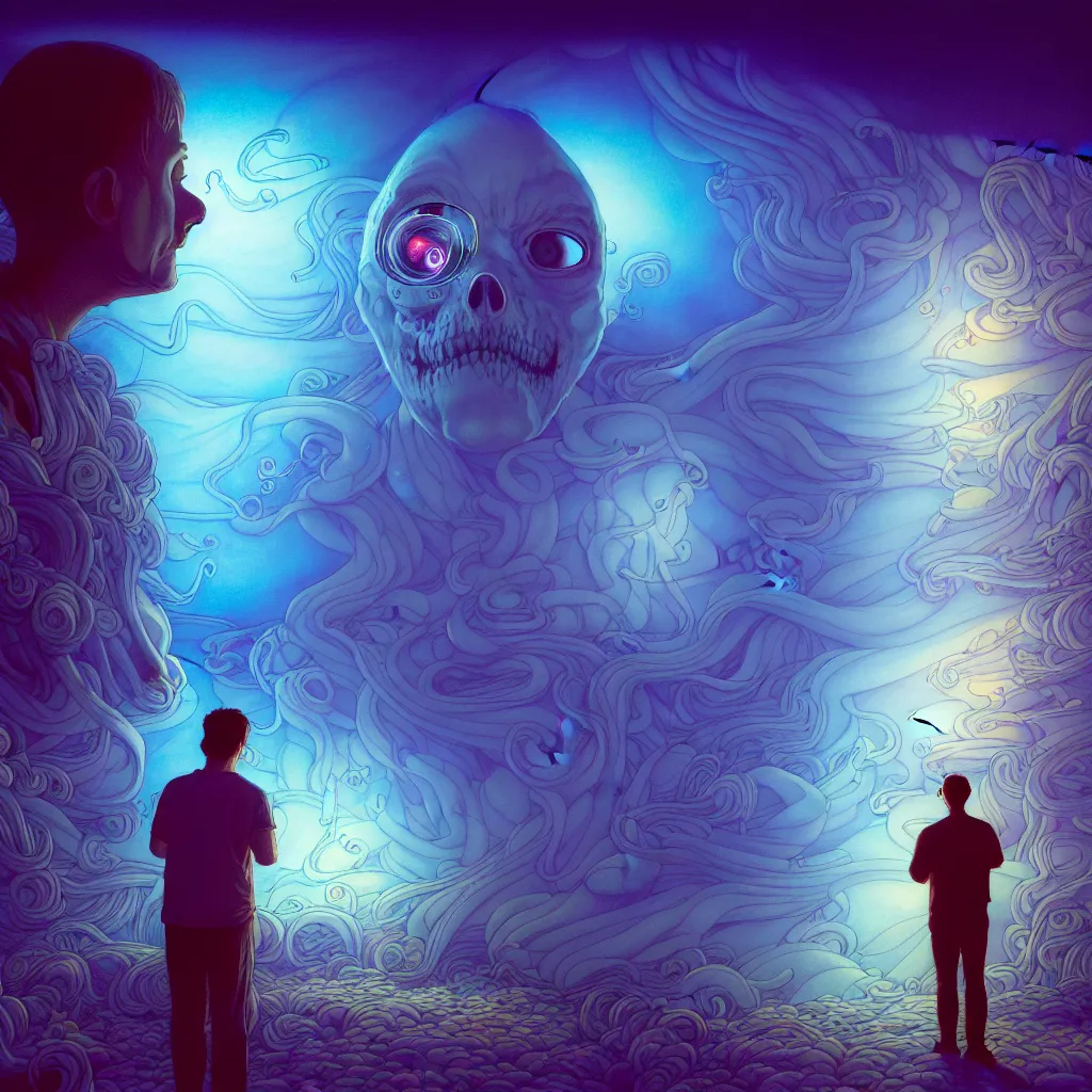 Prompt: a photorealistic coherent image of worthless nick the ghost watching his thoughts fade away into the void, complex artistic color ink pen sketch illustration, full detail, gentle shadowing, fully immersive reflections and particle effects, concept art by jason felix, dan mumford, kinkade, lisa frank, artgerm, tokyo mural