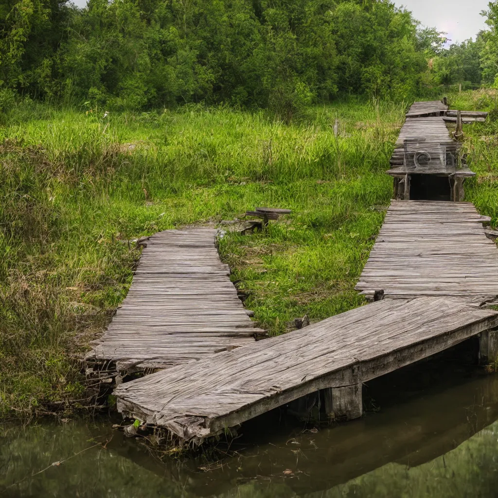 Prompt: old wooden bridge to small very polluted pond, scary, ambient, smoking, shocking, very detailed, 4 k, professional photography