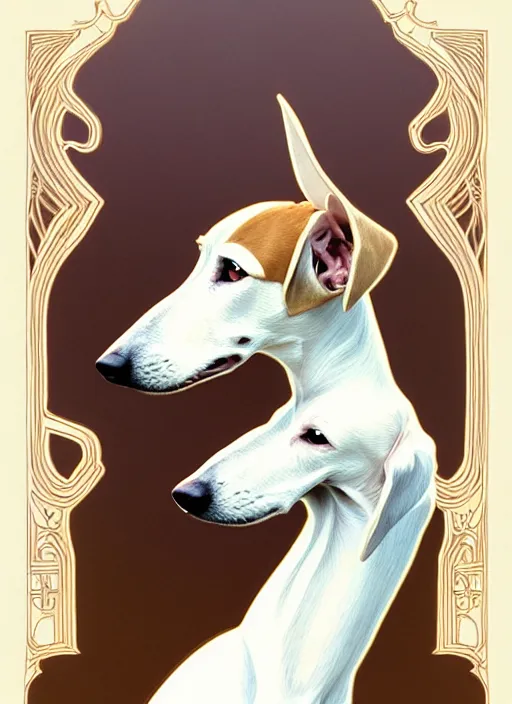 Image similar to cute white brown greyhound wearing paper crown, natural lighting, path traced, highly detailed, high quality, digital painting, by don bluth and ross tran and studio ghibli and alphonse mucha, artgerm