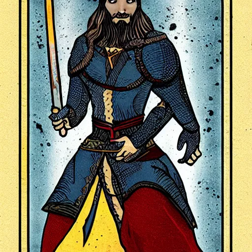 Prompt: king with sword in tarot card style, tarot deck, fantasy, behance, pinterest, deviantart, artstation, weapons concept art, design, high details