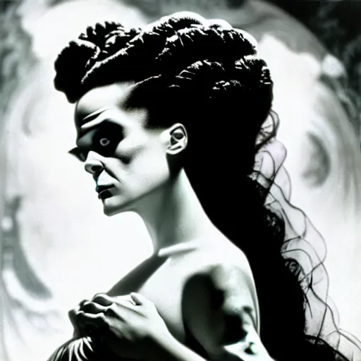 Image similar to a dramatic cinematic portrait photograph of bride of frankenstein influenced by alphonse mucha