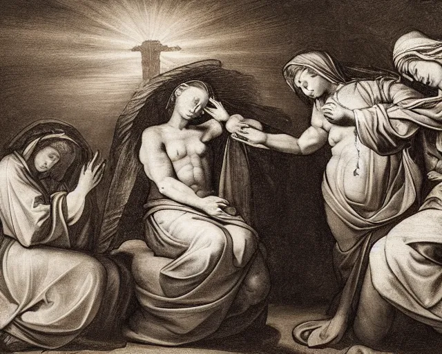 Image similar to 1 7 th century painting of 3 women mourning at the tomb of jesus, fibonacci, 2 angels pointing to the tomb, dramatic light, caravaggio, rubens