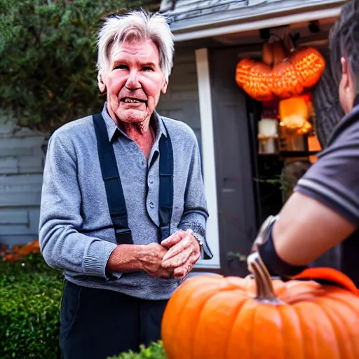 Image similar to harrison ford trick or treating on halloween, ( sony a 7 r iv, symmetric balance, polarizing filter, photolab, lightroom, 4 k, dolby vision, photography awardm, voque, perfect face )