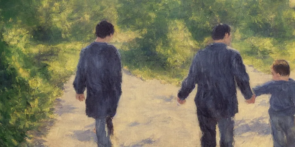 Prompt: a man with dark hair holding the hands of a young boy with dark hair as they walk down a suburban highway on a bright beautiful day. in the style of an impressionist painting.