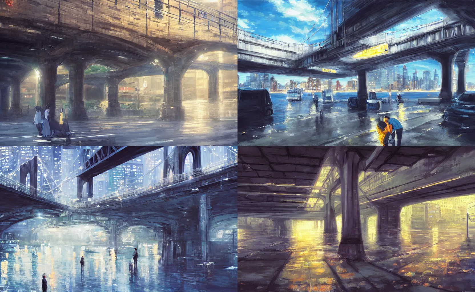 Prompt: under a bridge in New York City, painting by Makoto Shinkai