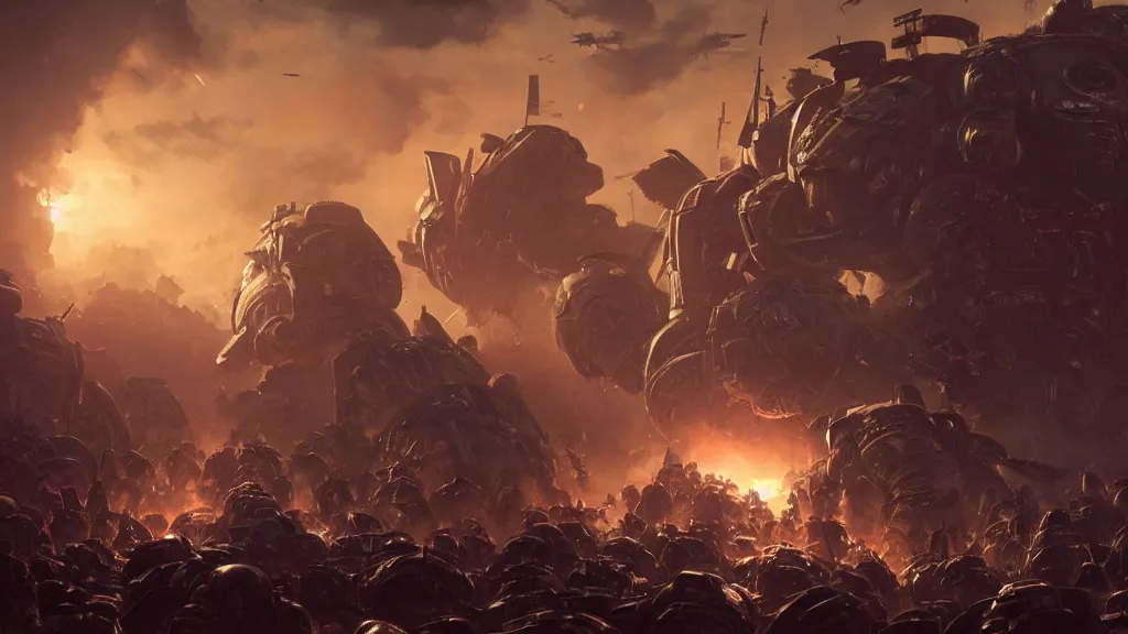 Image similar to a photorealistic hyperrealistic render of an epic close quarters last stand battle between an outnumbered squad of space marines and genestealers from warhammer 4 0 k by greg rutkowski, james paick, wlop, nicolas bouvier sparth, artgerm, dramatic moody sunset lighting, long shadows, volumetric, cinematic atmosphere, octane render, artstation, 8 k