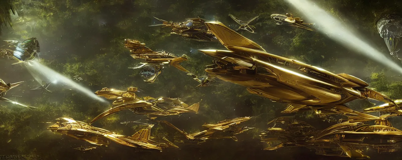 Prompt: a small group of futuristic scientific flying steampunk fighter ships elegant, smooth, ornate with gold trimmings, by Craig Mullins and Scott Robertson large steampunk space port inside a lush rainforest background by Dylan Cole and federico pelat cinematic dappled lighting, hyper detailed hyper detailed, 8k, ultra realistic, cinematic lighting, ultra wide 35mm lens