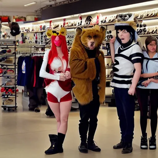 Image similar to a photograph of people badly cosplaying as animals, they have a disappointed look on their face, they are in a shoe store with long store isles, 50mm