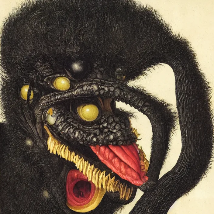 Image similar to close up portrait of a mutant monster creature with giant flaming protruding eyes bulging out of their eye sockets, exotic black orchid - like mouth, insect antennae by jan van eyck, walton ford