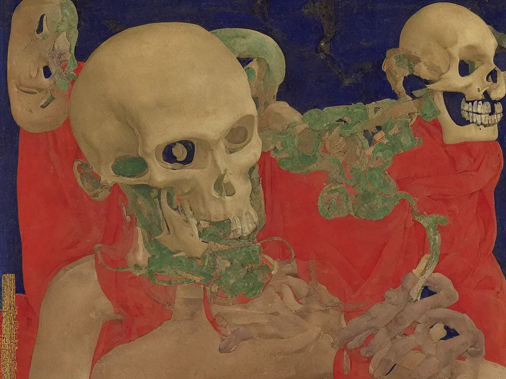 Prompt: Portrait of a Buddhist dancing deity with skull. Lapis Lazuli, malachite, cinnabar, gold. Painting by Piero della Francesca, Balthus, Agnes Pelton