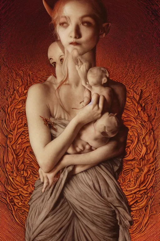 Image similar to a thiefling holding her imp frantisek kupka, intricate, miles johnston, kuroda seiki, cynical realism, ozabu, john william godward, painterly, yoshitaka amano, moebius, miles johnston, louise zhang, james jean, mark ryden