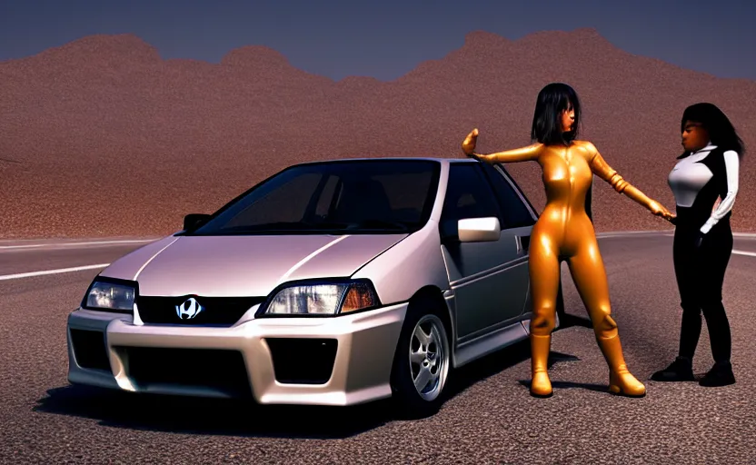 Image similar to photograph of a cell-shaded Honda EK9 Type-R with a techwear woman , on a desert road with a futuristic city in the horizon, one point perspective, 1-point perspective, tilt shift, sigma 85mm f/1.4, 4k, depth of field, high resolution, 4k, 8k, hd, full color