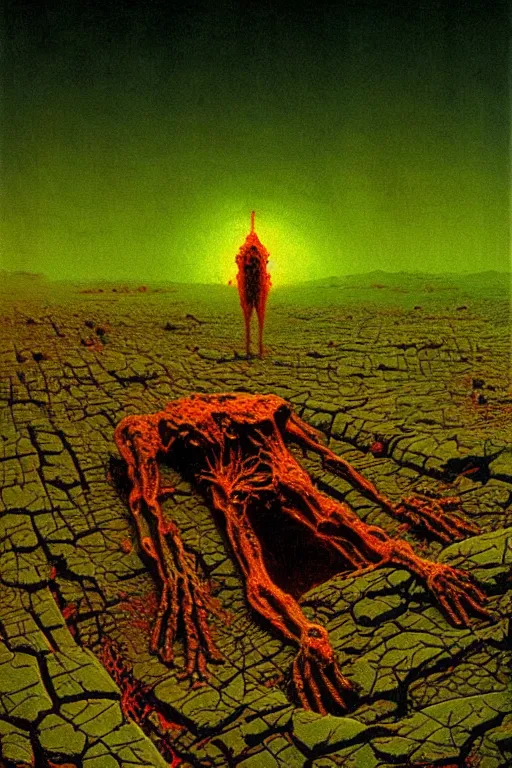 Prompt: glowing green alien crystals irradiating zombie infested, orange and red martian wasteland, survival post - apocalyptic, curiosity rover, beksinski, dark sci - fi