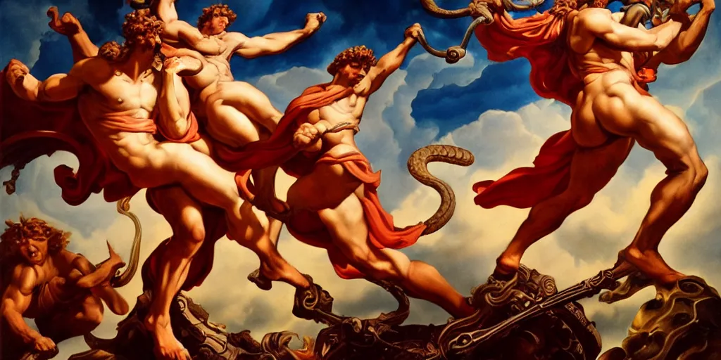 Image similar to Heracles slaying the Lernaean Hydra, by Rolf Armstrong and Evelyn De Morgan, dramatic lighting, high contrast colors, baroque, empyrean, panoramic view, as trending on Artstation, highly detailed, doom engine,