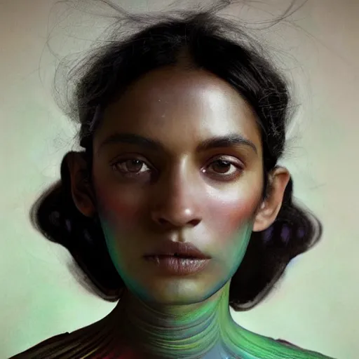 Image similar to a medium shot of a brown woman wearing a luminous armor made of neon jelly fishes. jellyfish eyes. soft lighting. layered. textured. fragile. piercing eyes!! coherent face!! no makeup!! muted colors. by ray caesar. by louise dahl - wolfe. by andrea kowch. surreal photography