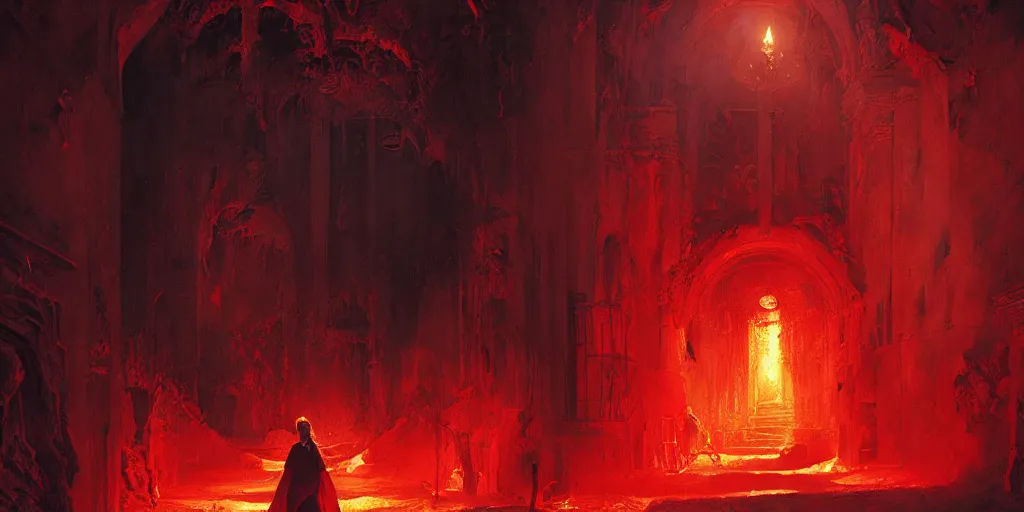 Image similar to woman in red opening a portal to hell in a village, beautiful composition, wide angle, colorful, cinematic, volumetric lighting, intricate details painting, by art germ, by greg rutkowski