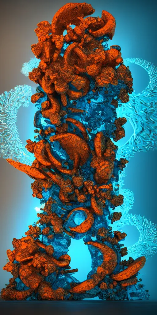 Prompt: 3 d photographic render of a deconstructed blue torii mandelbulb sculpture, orange bioluminescent chrometype, made of liquid metal, neotribal with thorns and green thunders, cyberpunk japanese temple, raytraced, hyper realistic, volumetric lightning, 8 k, by zhelong xu, ouchh and and innate studio