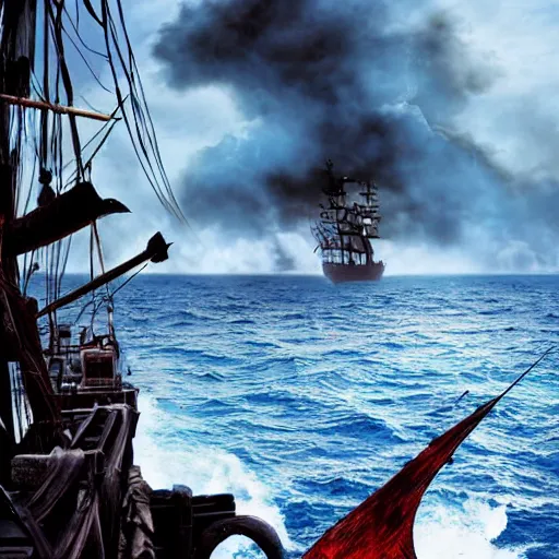 Prompt: pirate, ship, fire, ocean, cinematic, artistic, trending, epic, wind, wild, beautiful, tragedy, tragic, movie