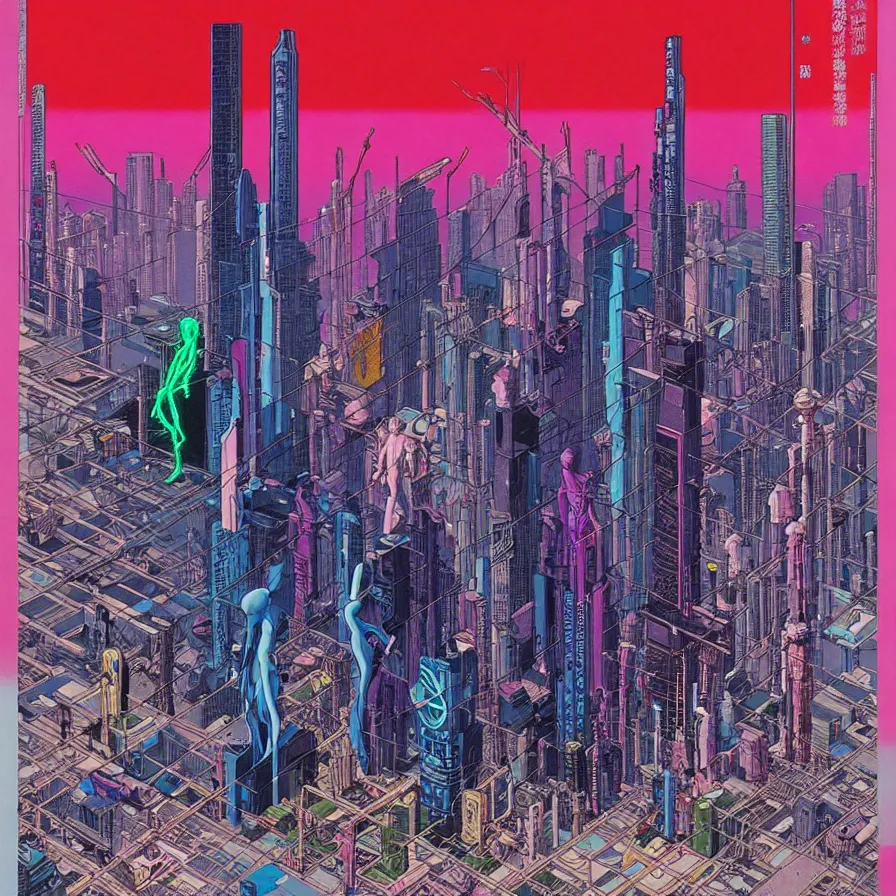 Image similar to ( ( ( ( cyberpunk city ) ) ) ) by mœbius!!!!!!!!!!!!!!!!!!!!!!!!!!!, overdetailed art, colorful, artistic record jacket design