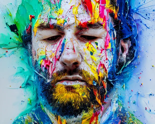 Image similar to abstract expressionist portrait of a head made of very thick impasto paint and acrylic pour and coloured powder explosion and splashing paint and dripping paint and flying paint chunks, eyes closed or not visible, expressing strong emotions, art by antony micallef, motion blur, hyperrealistic, intricate art photography, anatomically correct, realistic crisp textures, 1 6 k