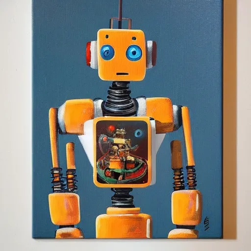 Image similar to a robot painter, painting on a canvas