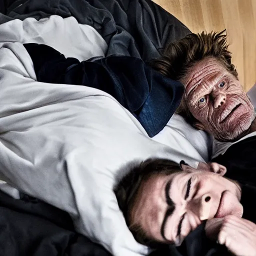 Prompt: willem dafoe lying in a bed with billie eilish