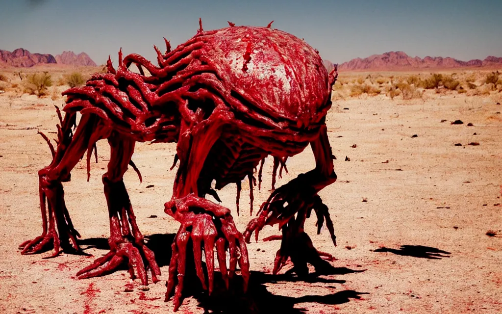 Image similar to in the desert a bloody gross horrifying The Thing creature made of muscle and bone and blood stares at the camera, eating, it walks on two legs, mid day, 35mm photography, realistic,