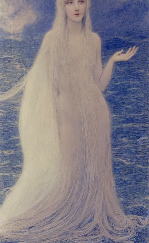 Prompt: Say who is this with silver hair so pale and Wan! and thin? beautiful lone single feminine!! angel, Aphrodite, in the style of Jean Delville, Lucien Lévy-Dhurmer, Fernand Keller, Fernand Khnopff, oil on canvas, 1896, 4K resolution, aesthetic, mystery