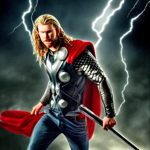 Image similar to Young Thor Hammer with lightning, dramatic lighting,highly detailed