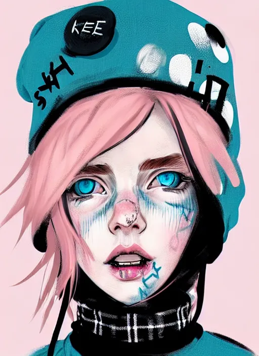 Image similar to highly detailed portrait of a swedish sewer punk lady student, blue eyes, tartan hoody, hat, white hair by atey ghailan, by greg tocchini, by kaethe butcher, gradient pink, black, brown, cream and light blue color scheme, grunge aesthetic!!! ( ( graffiti tag wall white background ) )