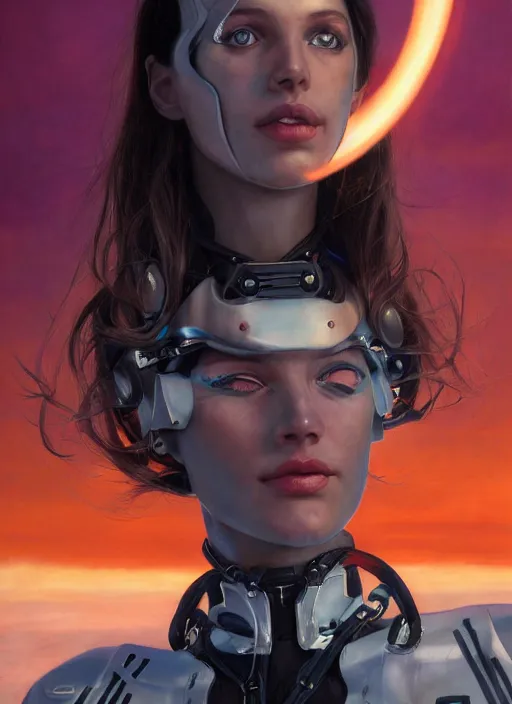 Image similar to symmetry!!! closeup portrait! of a racer pirate girl, cyborg jumpsuit, in clouds, cinematic light, windy, sunrise, by gerald brom, by mikhail vrubel, by peter elson, muted colors, extreme detail, trending on artstation, 8 k