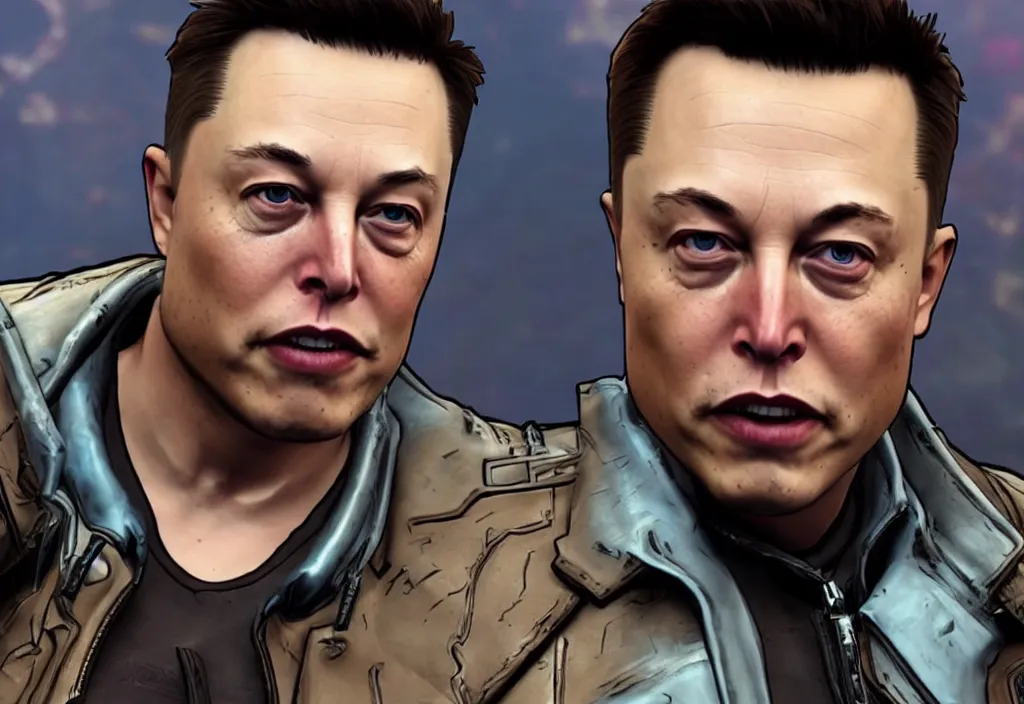 Image similar to elon musk in borderlands elon musk in the video game borderlands, gameplay screenshot, close up, 3 d rendering. unreal engine. amazing likeness. very detailed.