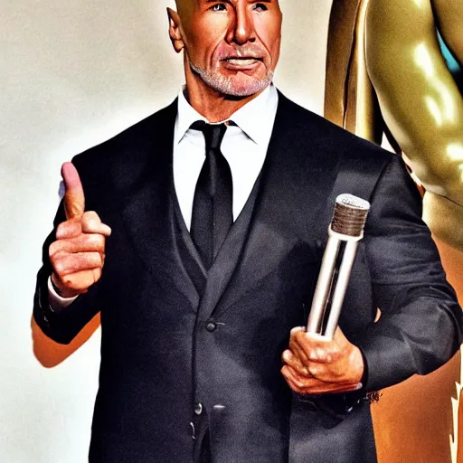 Prompt: Harrison Ford impersonating Dwayne Johnson