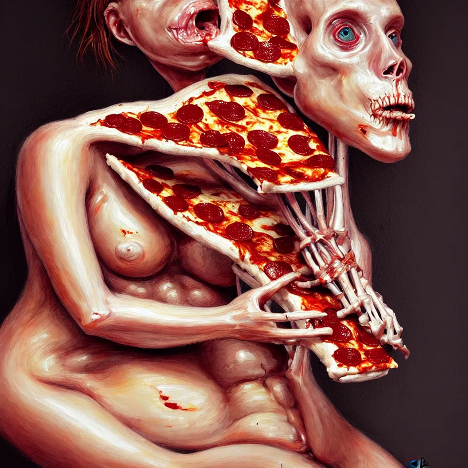 Image similar to bright realistic anorexic ribs boney obese eating herself to death, pizza, appartment, rotten flesh, diffuse lighting, fantasy, intricate, elegant, highly detailed, lifelike, photorealistic, digital painting, artstation, illustration, concept art, smooth, sharp focus, art by francis bacon