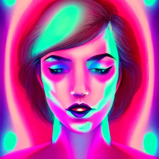 Image similar to portrait of a woman inspired by lois van baarle, iridescent, holographic, neon, glowing, self confidence, light make up