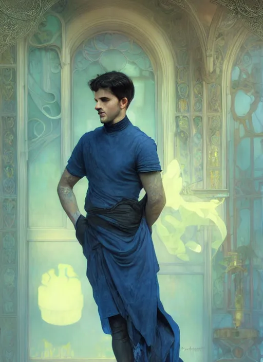 Prompt: handsome young man with short black hair, male, dressed in blue, looking down, half body shot, arms down, path traced, highly detailed, high quality, digital painting, bastien lecouffe - deharme, alphonse mucha, art nouveau