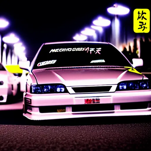 Prompt: a car JZX90 turbo drift at illegal car meet, Chiba prefecture, city midnight mist lights, cinematic color, photorealistic, highly detailed, work wheels, 50MM