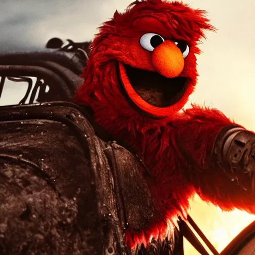 Image similar to Elmo in mad max fury, HD, 4k, high resolution, intricate detail, realistic