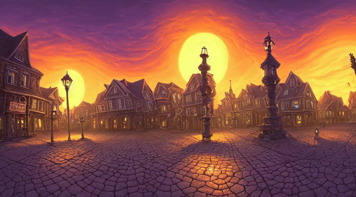 Image similar to empty lovecraftian town square surrounded by houses and inns. cthulhu statue. lovecraftian city at sunset by cyril rolando and naomi okubo and dan mumford and ricardo bofill. lovecraft. cobbled streets. oil lamp posts. lovecraftian. sunset swirly sky.