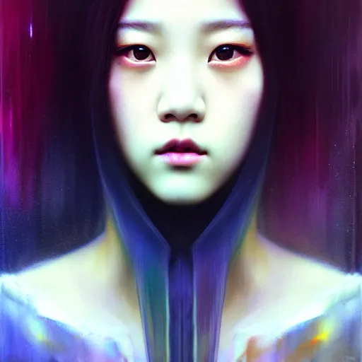 Prompt: jisoo of blackpink, hyperrealistic portrait, bladerunner street, by karol bak and agnes cecile, fantasy art, photo realistic, dynamic lighting, artstation, poster, volumetric lighting, very detailed face, intricate complexity, rule of thirds, 8 k, award winning, unreal engine