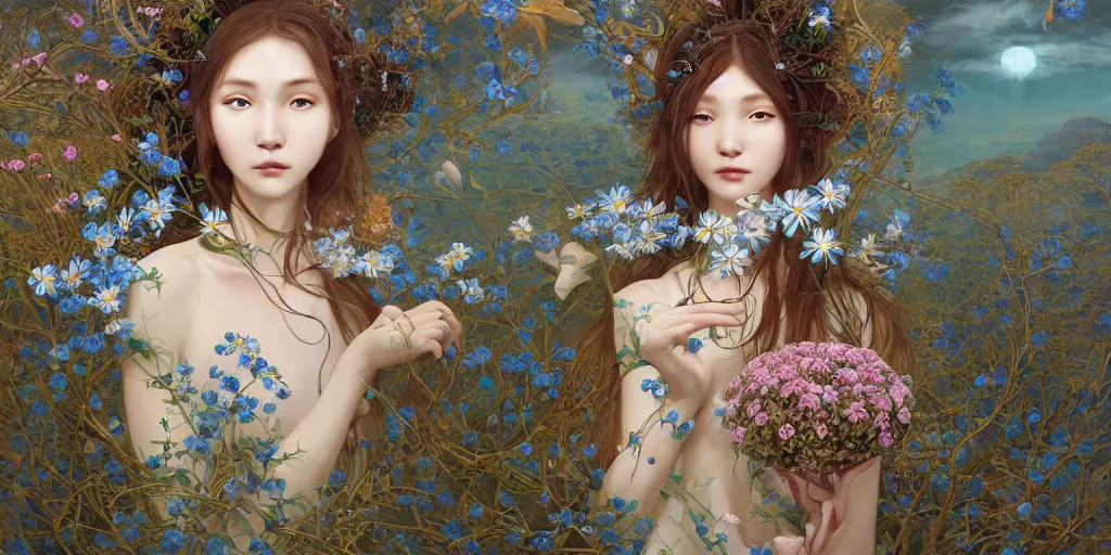 Image similar to breathtaking detailed concept art painting of the goddess of nemophila flowers, orthodox saint, with anxious, piercing eyes, ornate background, amalgamation of leaves and flowers, by Hsiao-Ron Cheng, James jean, Miho Hirano, Hayao Miyazaki, extremely moody lighting, 8K