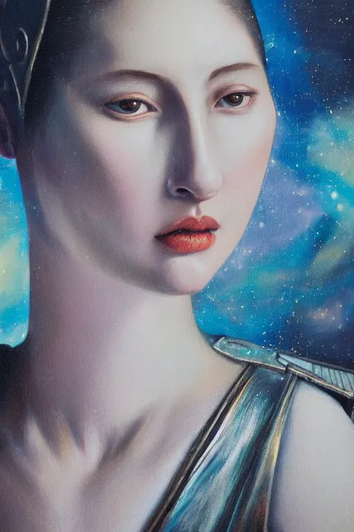 Image similar to hyperrealism oil painting, close - up portrait of caucasian medieval fashion model, knight, steel gradient mixed with nebula sky, in style of baroque mixed with 7 0 s japan book art