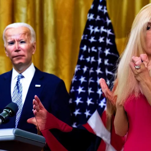 Prompt: photograph of a an alien, gray alien, wearing a blond wig and a red dress and ((Joe Biden)) at a press conference, highly detailed, 4K